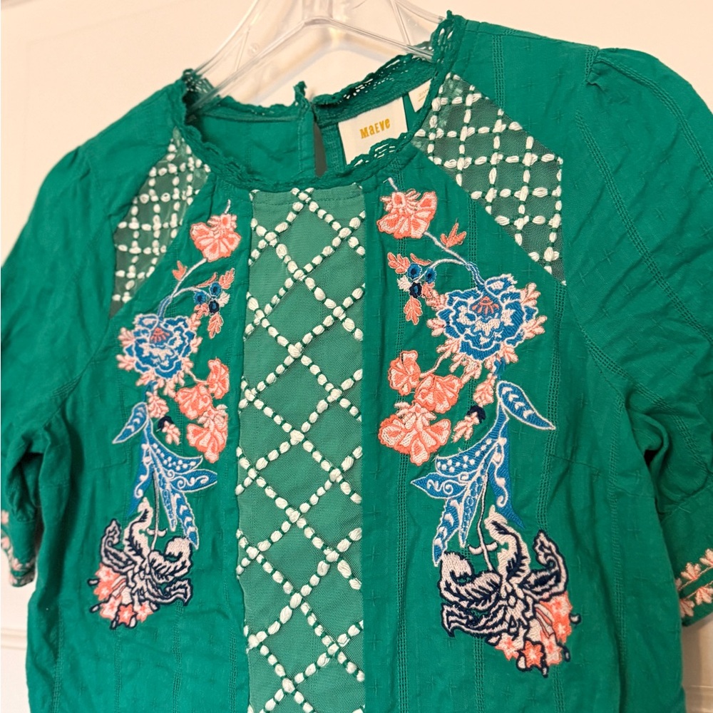 Maeve Teal Floral Embroidered Blouse - Picture 2 of 9